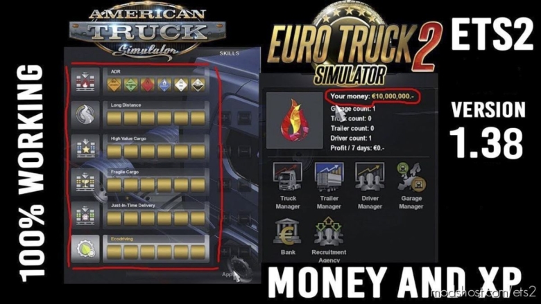XP And Money Mod [1.38] for Euro Truck Simulator 2