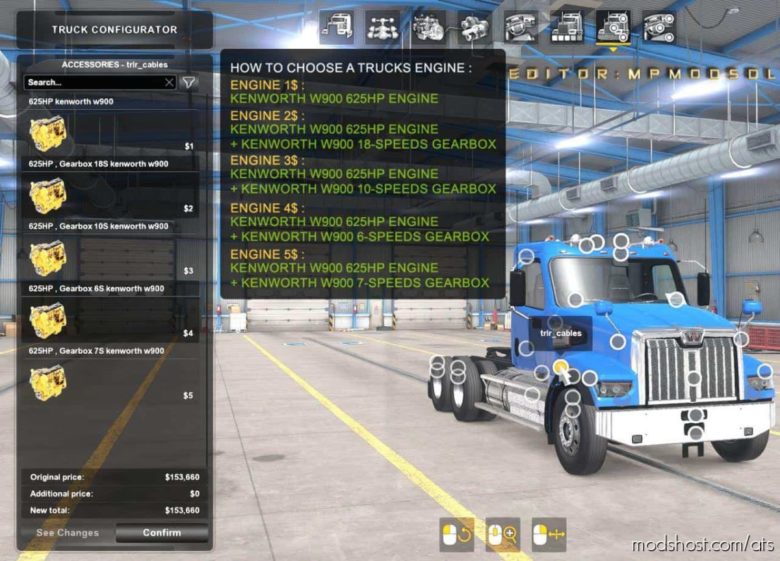 Kenworth W900 625HP Engine And Gearbox For ALL Trucks V1.2 for American Truck Simulator