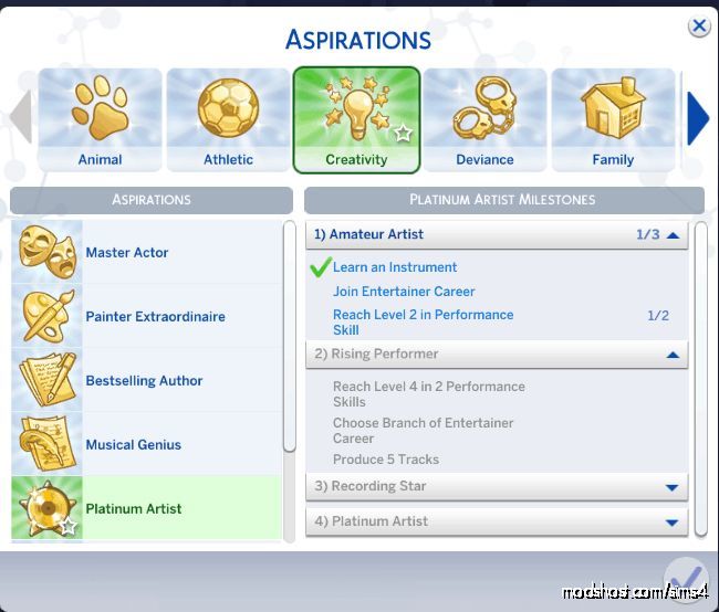 Platinum Artist Aspiration for The Sims 4