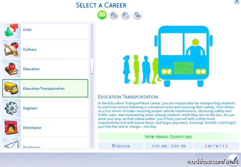 Education Transportation Career for The Sims 4