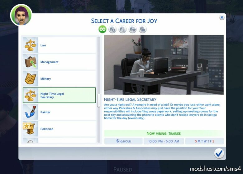 Night-Time Legal Secretary Career for The Sims 4