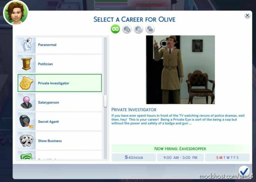 Private Investigator Career for The Sims 4