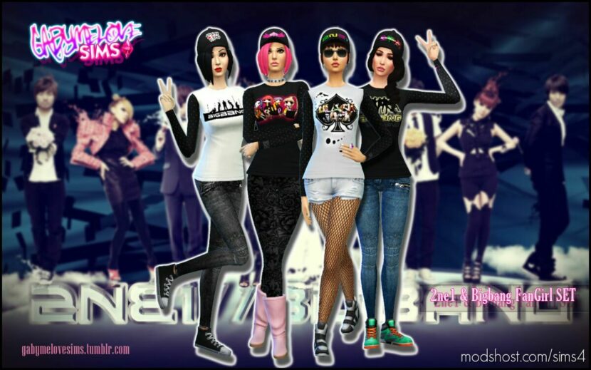 Kpop: 2ne1 & Bigbang FanGirl Clothes SET for Sims 4