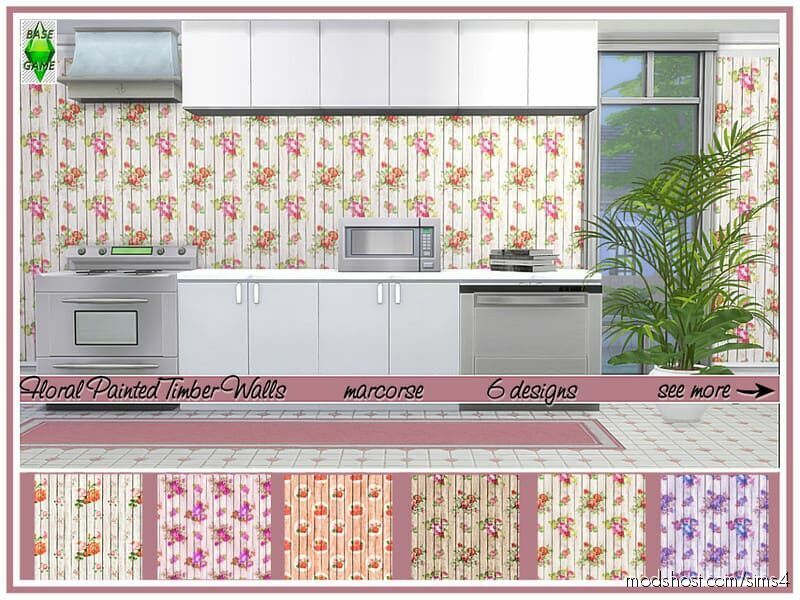Floral Painted Timber Walls Marcorse for The Sims 4