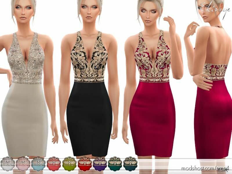 V-Neck Embellished Mini Dress for The Sims 4
