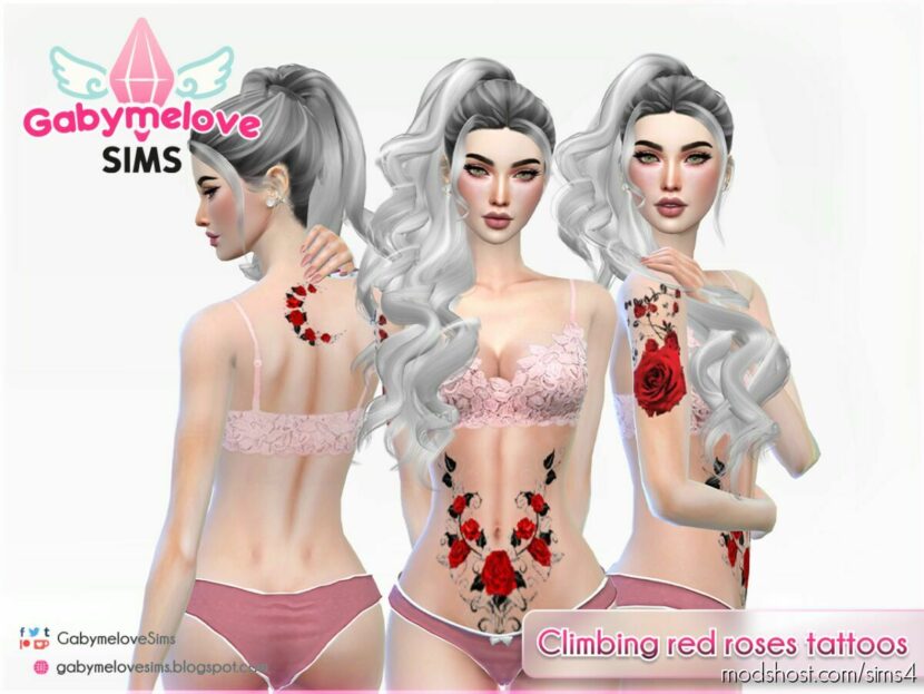 Climbing red roses tattoos for The Sims 4