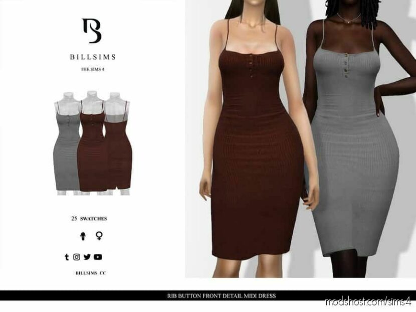 RIB Button Front Detail Midi Dress for Sims 4