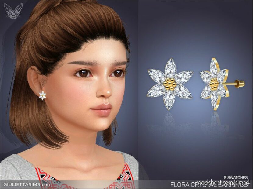 Flora Crystal Earrings For Kids for Sims 4