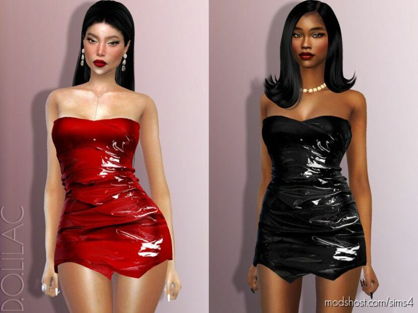 Sims 4 Elder Clothes Mod: Shiny Leather Mini Dress DO743 (Featured)