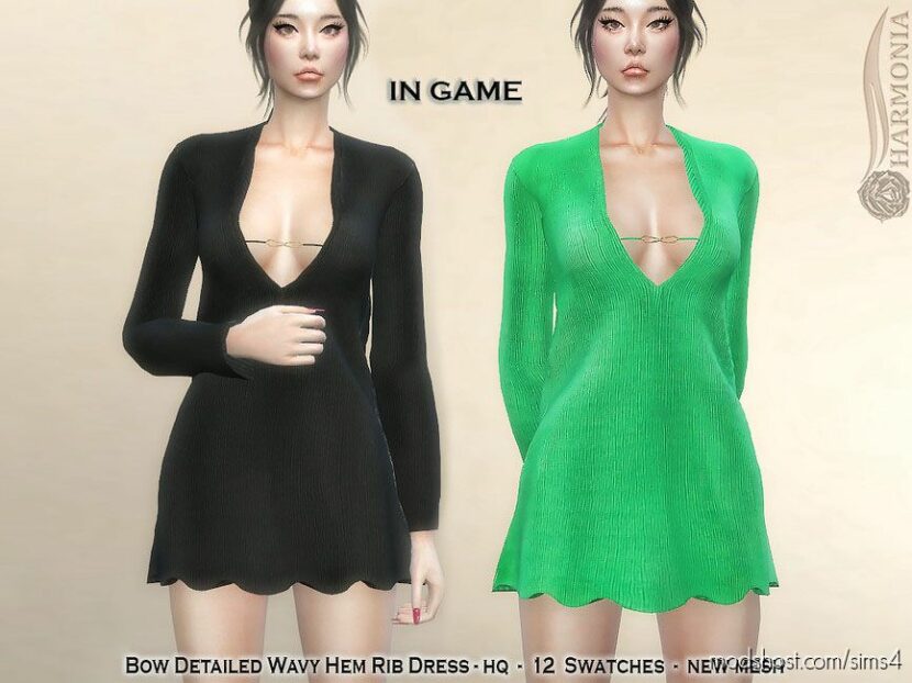 Bow Detailed Wavy Hem Rib Dress for Sims 4