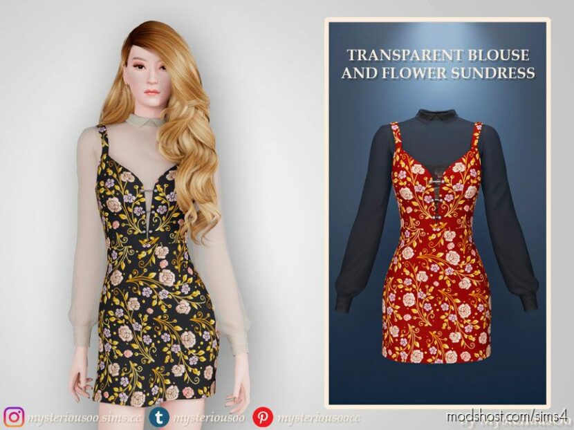 Transparent Blouse And Flower Sundress for Sims 4