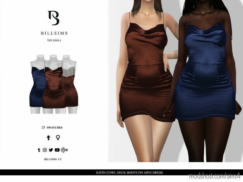 Satin Cowl Neck Bodycon Mini Dress for Sims 4