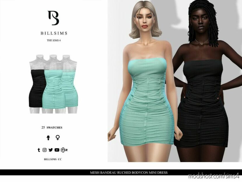 Mesh Bandeau Ruched Bodycon Mini Dress for Sims 4