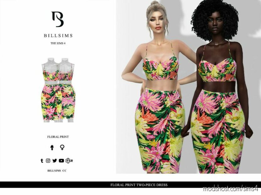 Floral Print Two-Piece Dress for Sims 4