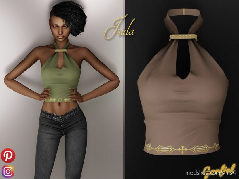 Sims 4 Elder Clothes Mod: Irida - Top with gold pattern and fastening (Featured)