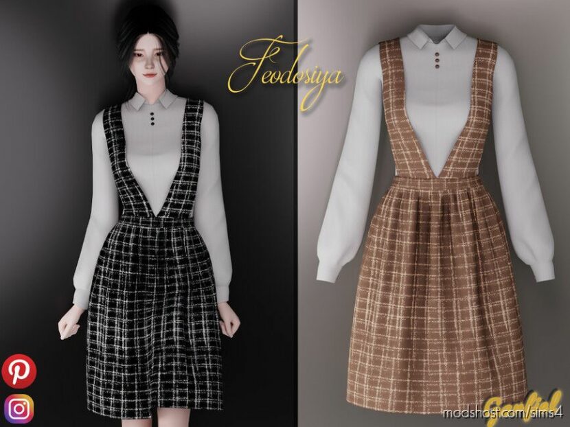 Feodosiya – Checkered Overall Dress with White Shirt for Sims 4