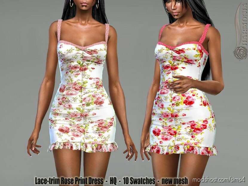 Lace-trim Rose Print Dress for Sims 4