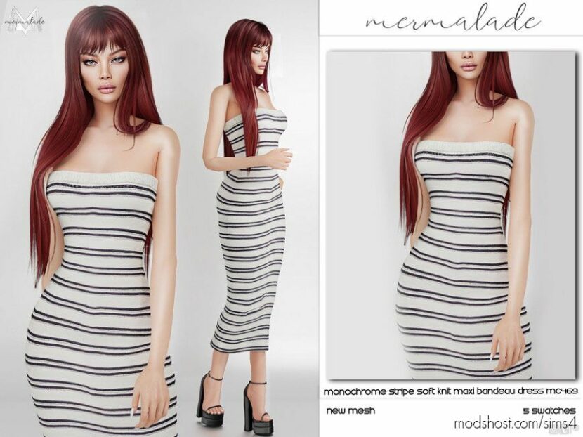 Monochrome Stripe Soft Knit Maxi Bandeau Dress MC469 for Sims 4