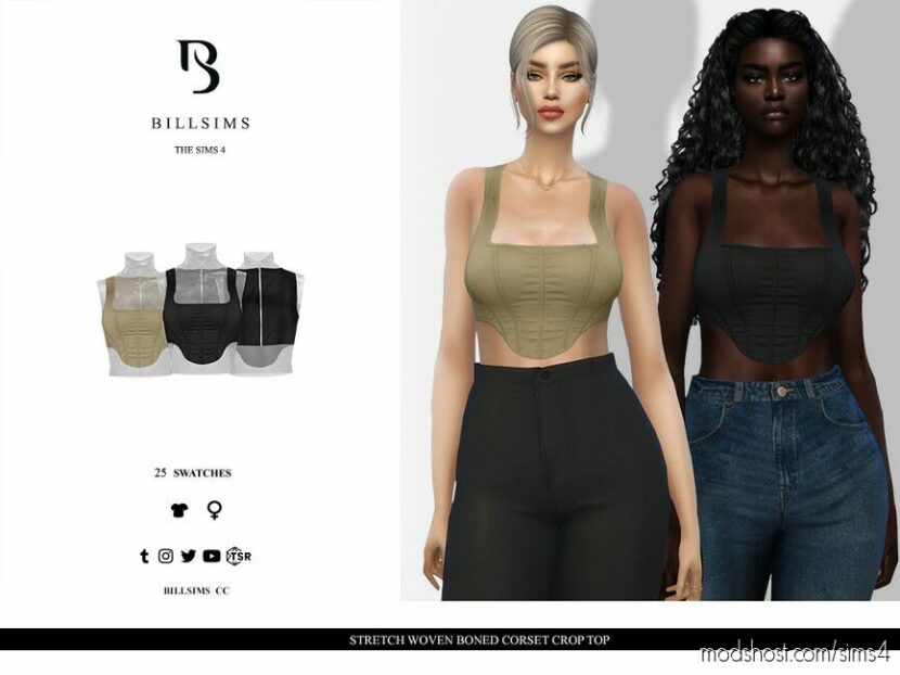 Stretch Woven Boned Corset Crop TOP for Sims 4