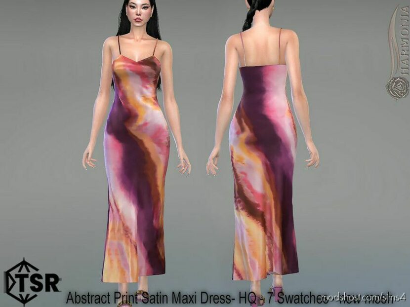 Abstract Print Satin Maxi Dress for Sims 4