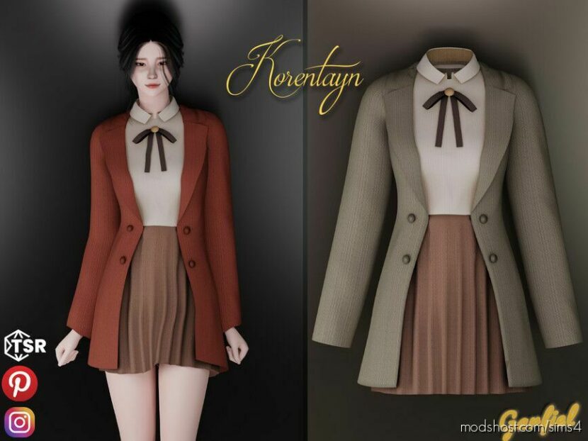Korentayn – Coat, Shirt With BOW And Accordion Skirt for Sims 4