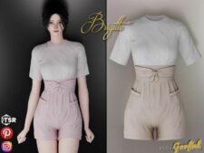 Brigitte – T-Shirt Tucked Into Shorts With A Tied Belt for Sims 4