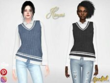 Himari – White Shirt And Knitted Vest for Sims 4