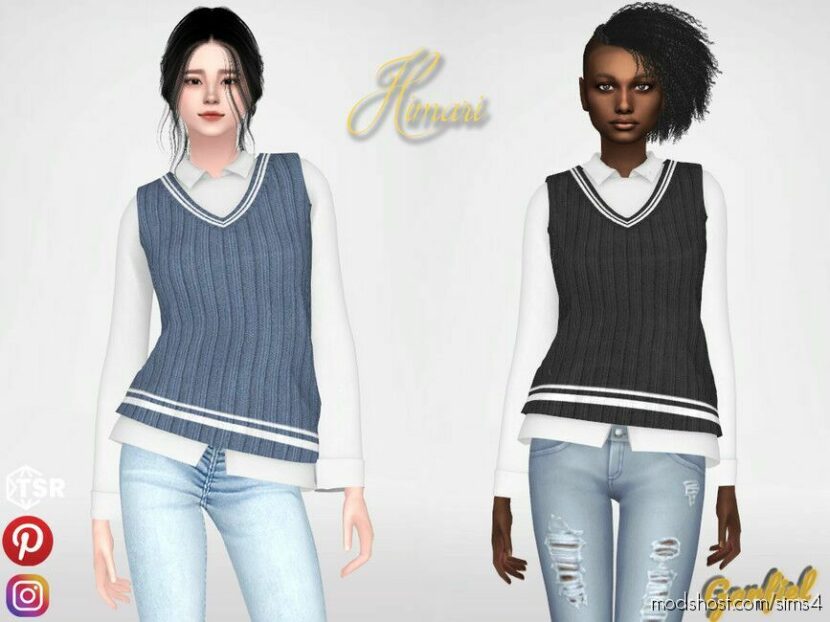Himari – White Shirt And Knitted Vest for Sims 4