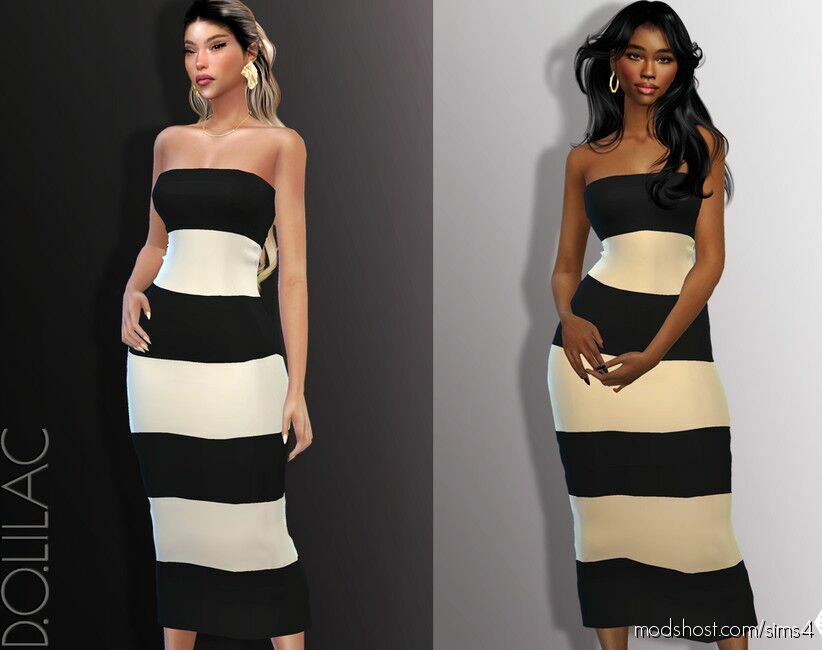 Sims 4 Adult Clothes Mod: Striped Strapless Maxi Dress DO892 (Featured)