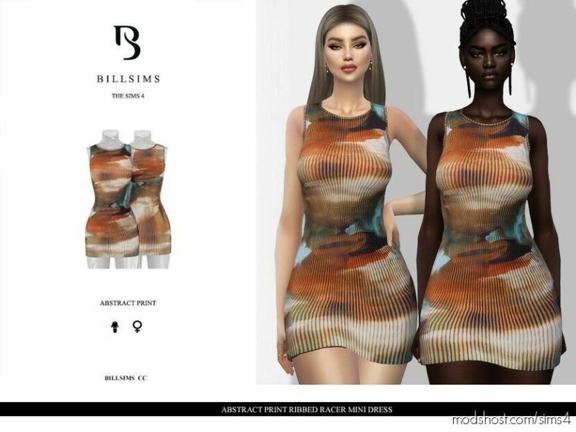 Abstract Print Ribbed Racer Mini Dress for Sims 4