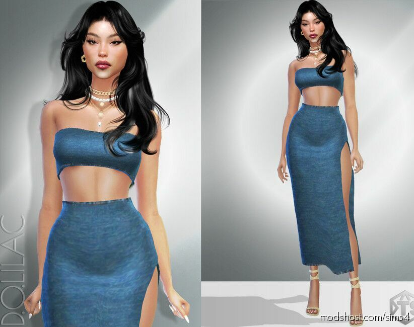 Side Slit Denim Midi Skirt DO922 for Sims 4