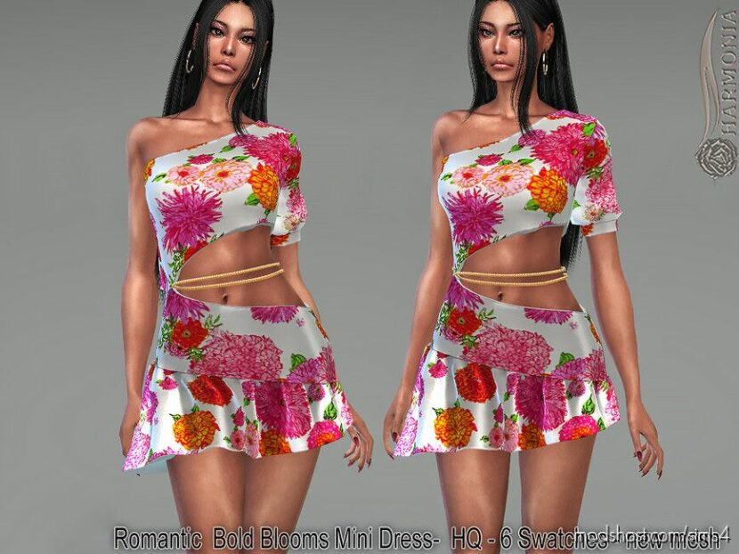 Romantic Bold Blooms Mini Dress for Sims 4