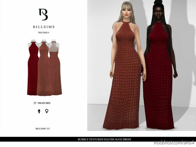 Bubble Textured Halter Maxi Dress for Sims 4
