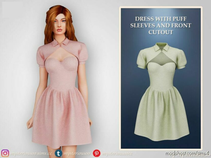 Dress With Puff Sleeves And Front Cutout for Sims 4
