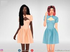 Sims 4 Teen Clothes Mod: Dress With Puff Sleeves And Front Cutout (Image #2)