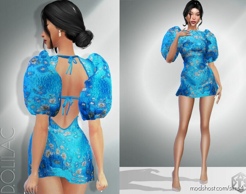 Sims 4 Elder Clothes Mod: Puff Sleeve Jacquard Mini Dress DO939 (Featured)