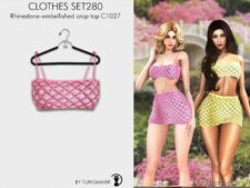 Sims 4 Adult Mod: Rhinestone-Embellished Crop TOP & Mini Skirt - Clothes SET280 (Image #2)