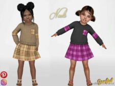 Sims 4 Dress Clothes Mod: Naoki – Patched Plaid Panel Sweatshirt & Skirt (Featured)