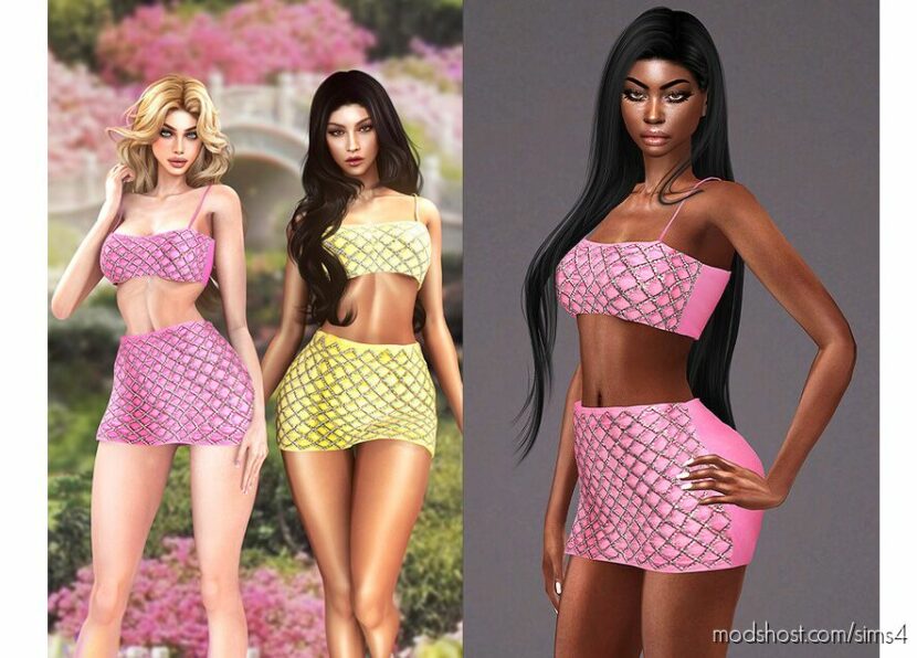 Rhinestone-Embellished Crop TOP & Mini Skirt – Clothes SET280 for Sims 4