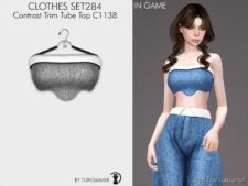 Sims 4 Teen Clothes Mod: Contrast Trim Tube TOP & Wide LEG Pants SET284 (Image #2)