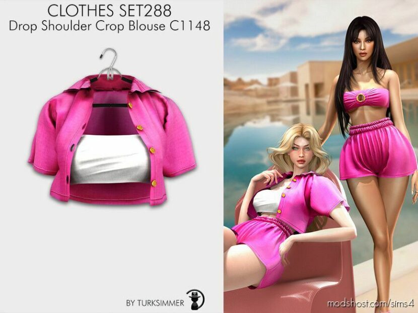 Sims 4 Adult Clothes Mod: Drop Shoulder Crop Blouse & Paperbag Waist Shorts SET288 (Featured)