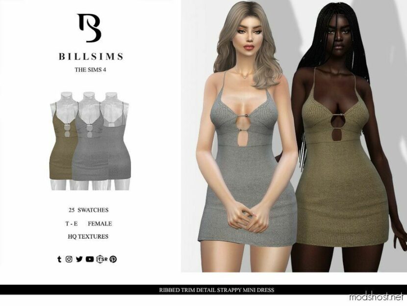 Ribbed Trim Detail Strappy Mini Dress for Sims 4