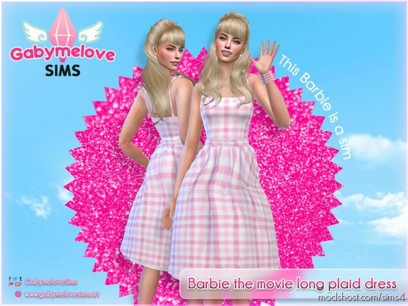 Barbie the movie pink long plaid dress for Sims 4