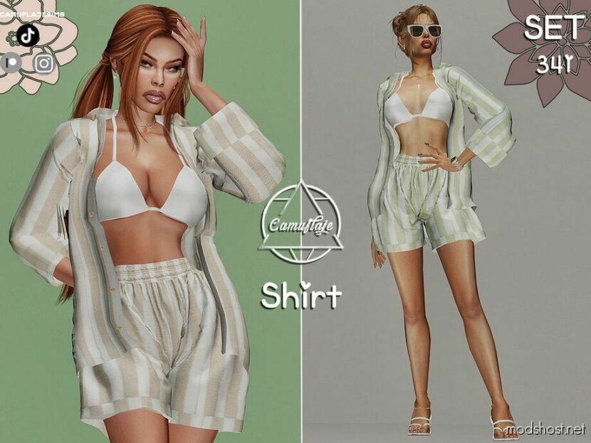 Stripe Buttons UP Swimsuit & SHORTS – SET 341 for Sims 4