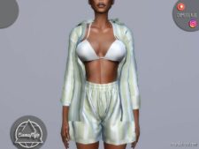 Sims 4 Swimwear Clothes Mod: Stripe Buttons UP Swimsuit & SHORTS – SET 341 (Image #2)