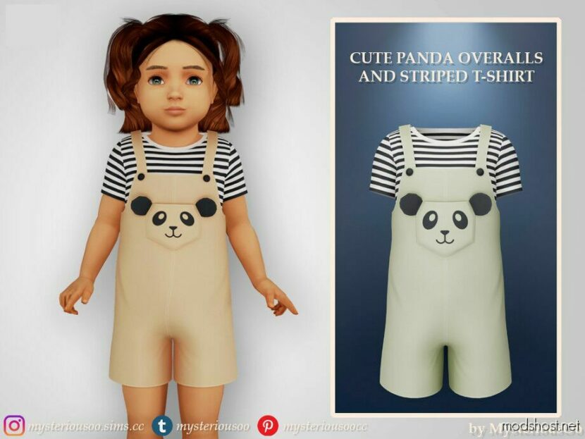 Sims 4 Kid Clothes Mod: Cute Panda Overalls And Striped T-Shirt (Featured)