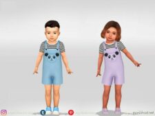 Sims 4 Kid Clothes Mod: Cute Panda Overalls And Striped T-Shirt (Image #2)