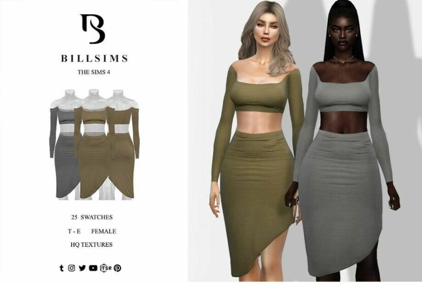 OFF Shoulder Asymmetric TWO Piece Dress for Sims 4