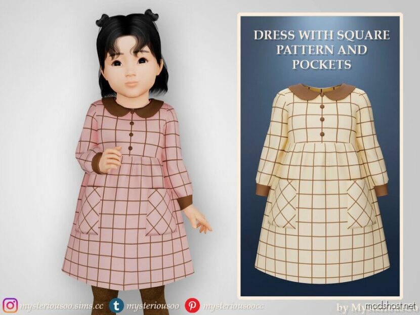 Dress With Square Pattern And Pockets for Sims 4