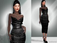 Ruched Midi Dress With Transparent Sleeve DO061 for Sims 4